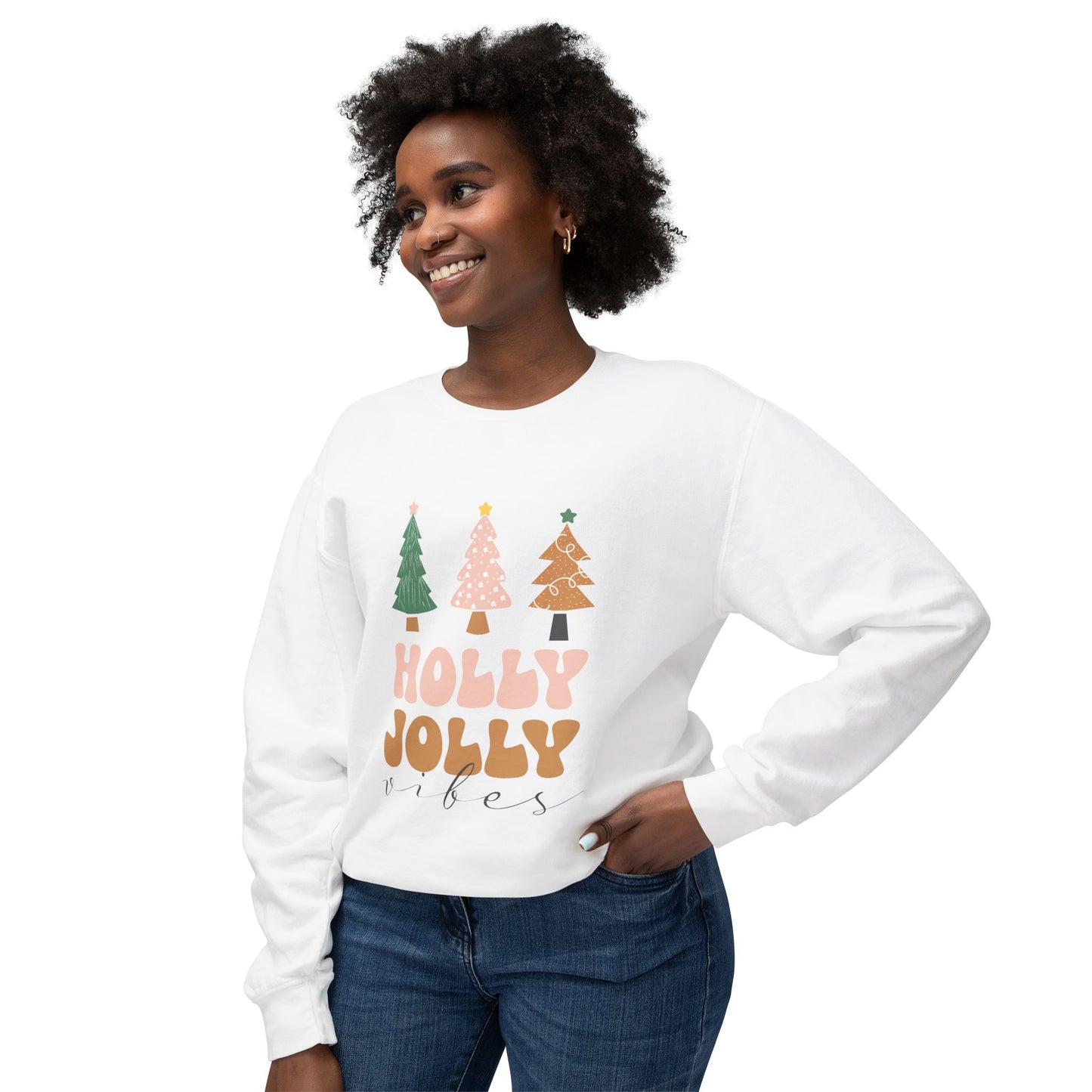 Holly Jolly Vibes Crewneck Sweatshirt - Lightweight, Festive Holiday Apparel